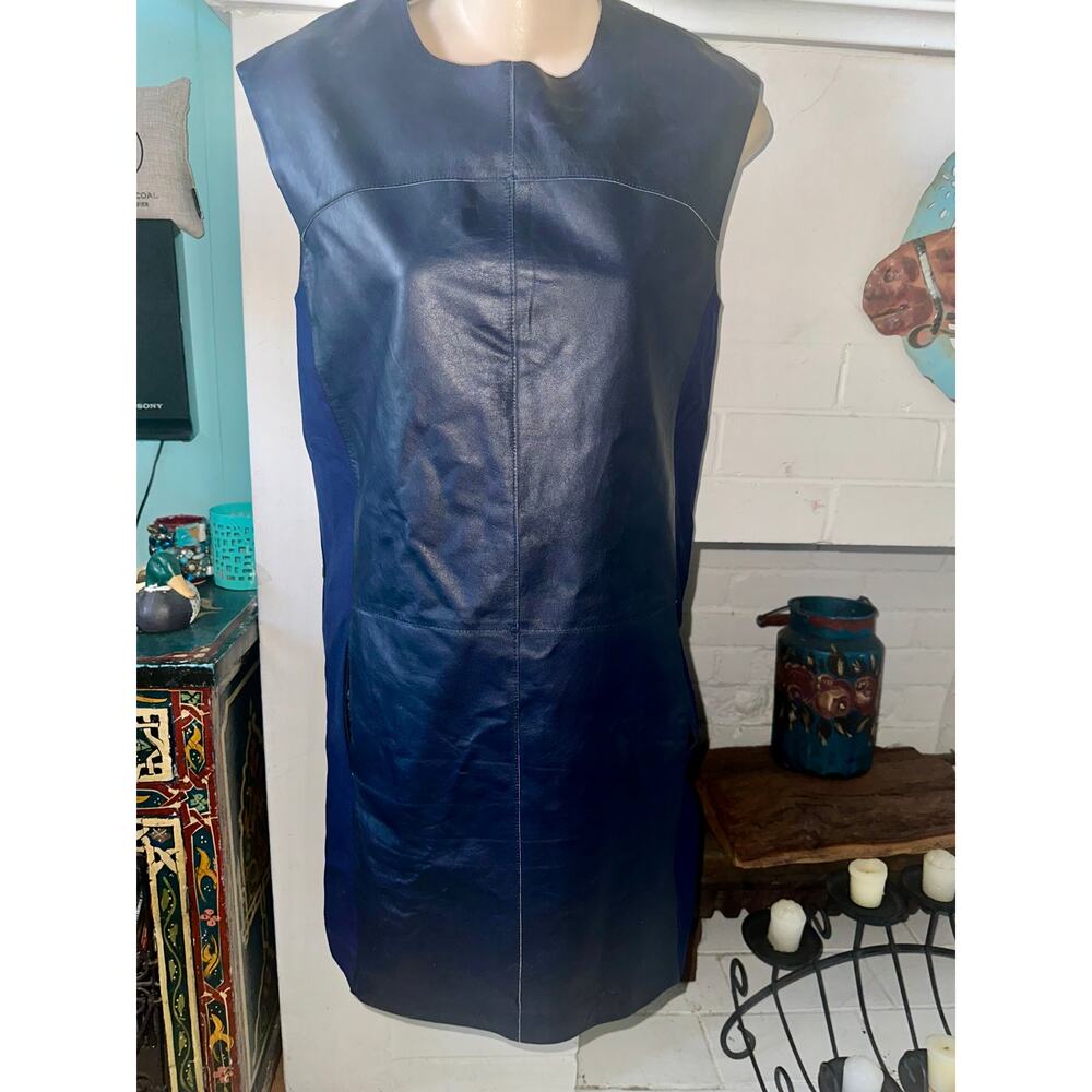 VINCE $895  NAVY BLUE LAMB LEATHER SHIFT DRESS 0
